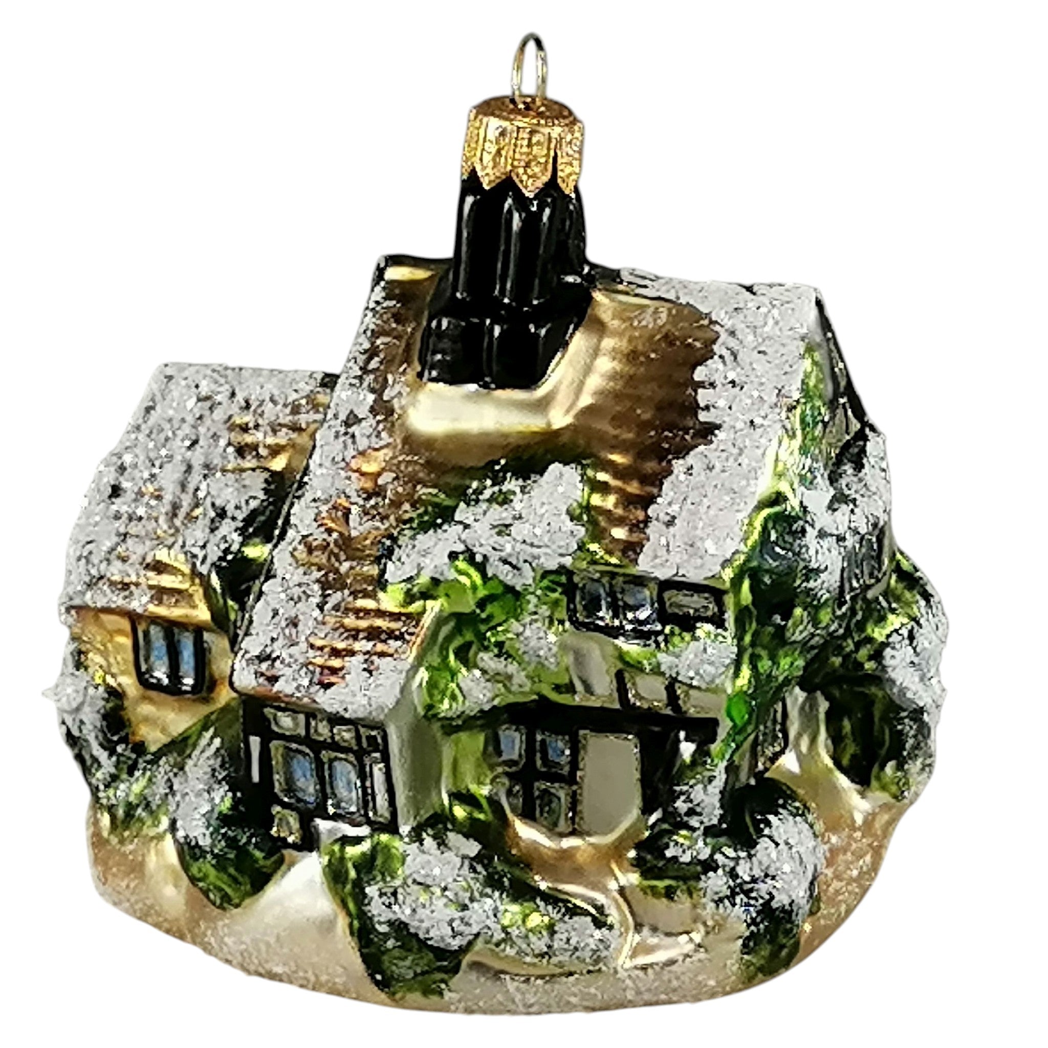 Snowy Christmas Cottage Glass Ornament