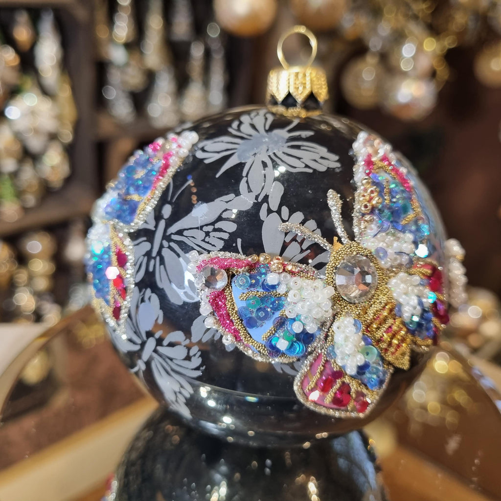 Black Ornament with Beaded Butterfly