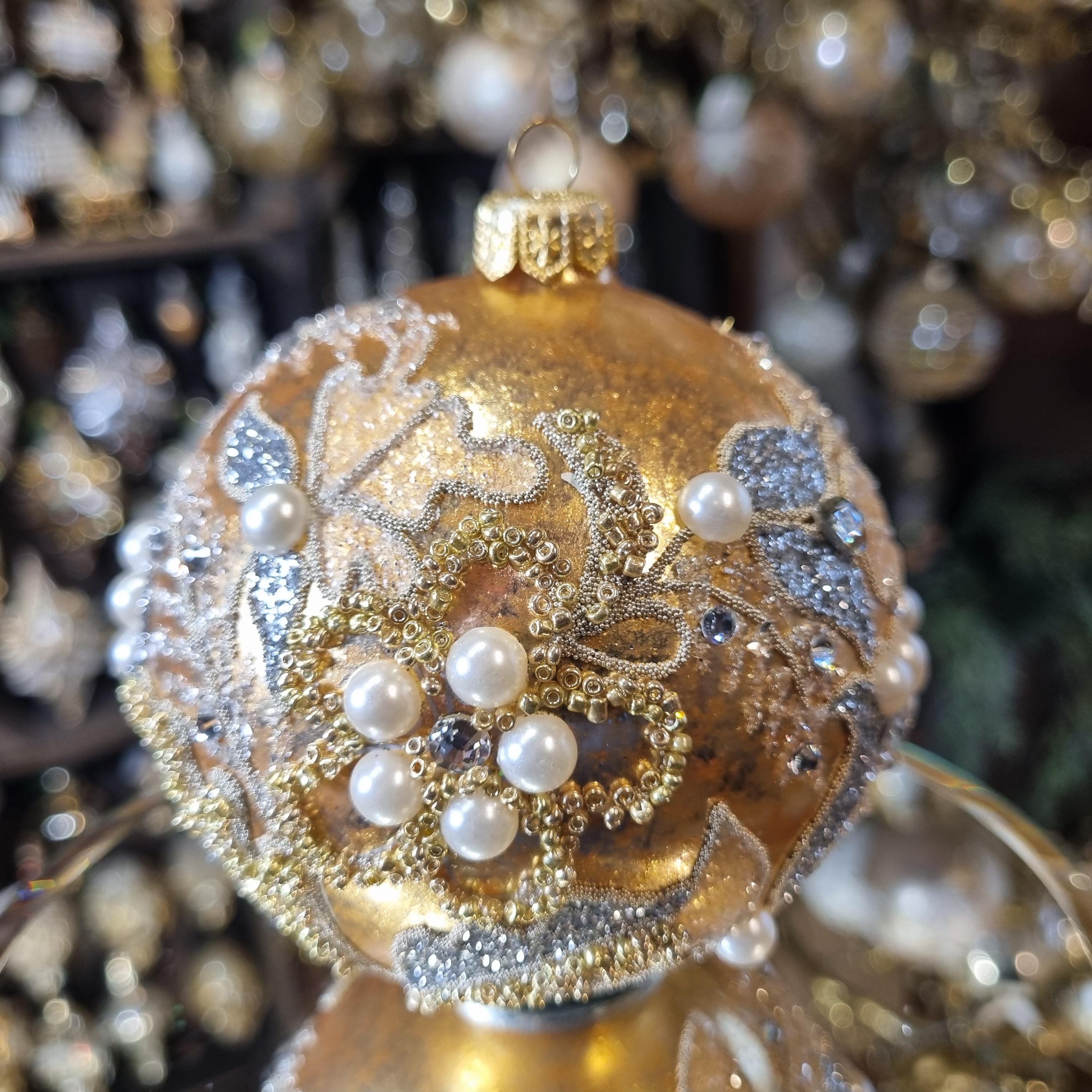 Silverado glass ornament, green ball with elegant gold accents