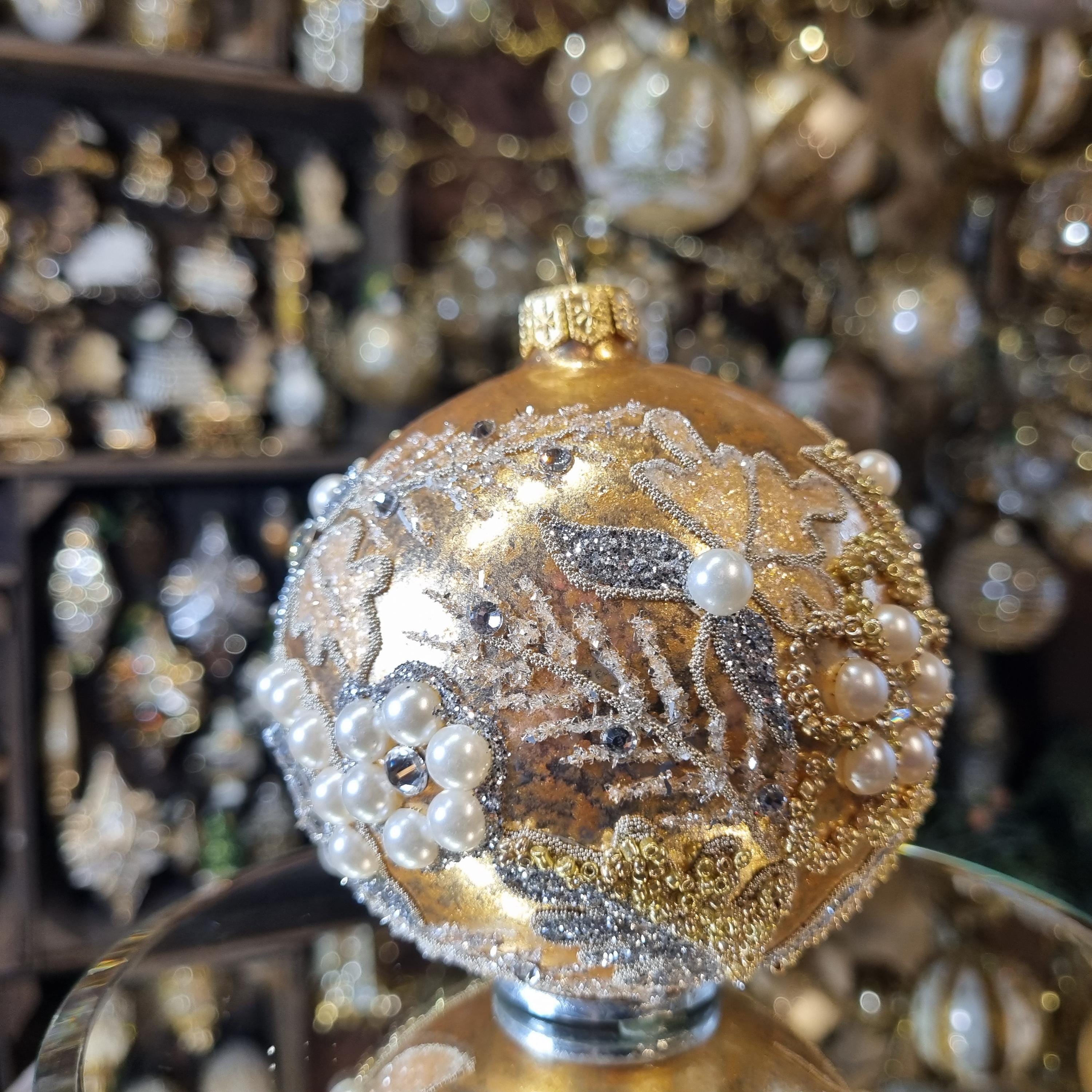 Silverado glass ornament, green ball with elegant gold accents