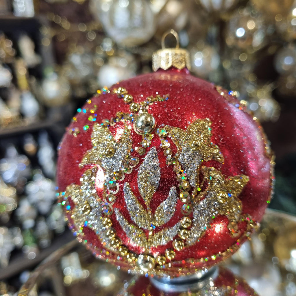 Red Christmas Ornament with Glittered Lilies