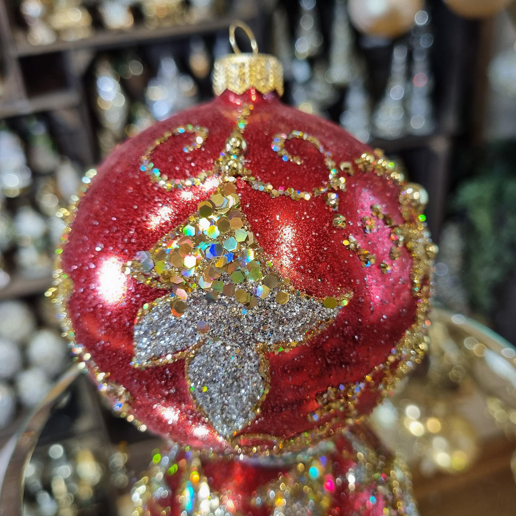 Red Christmas Ornament with Glittered Lilies