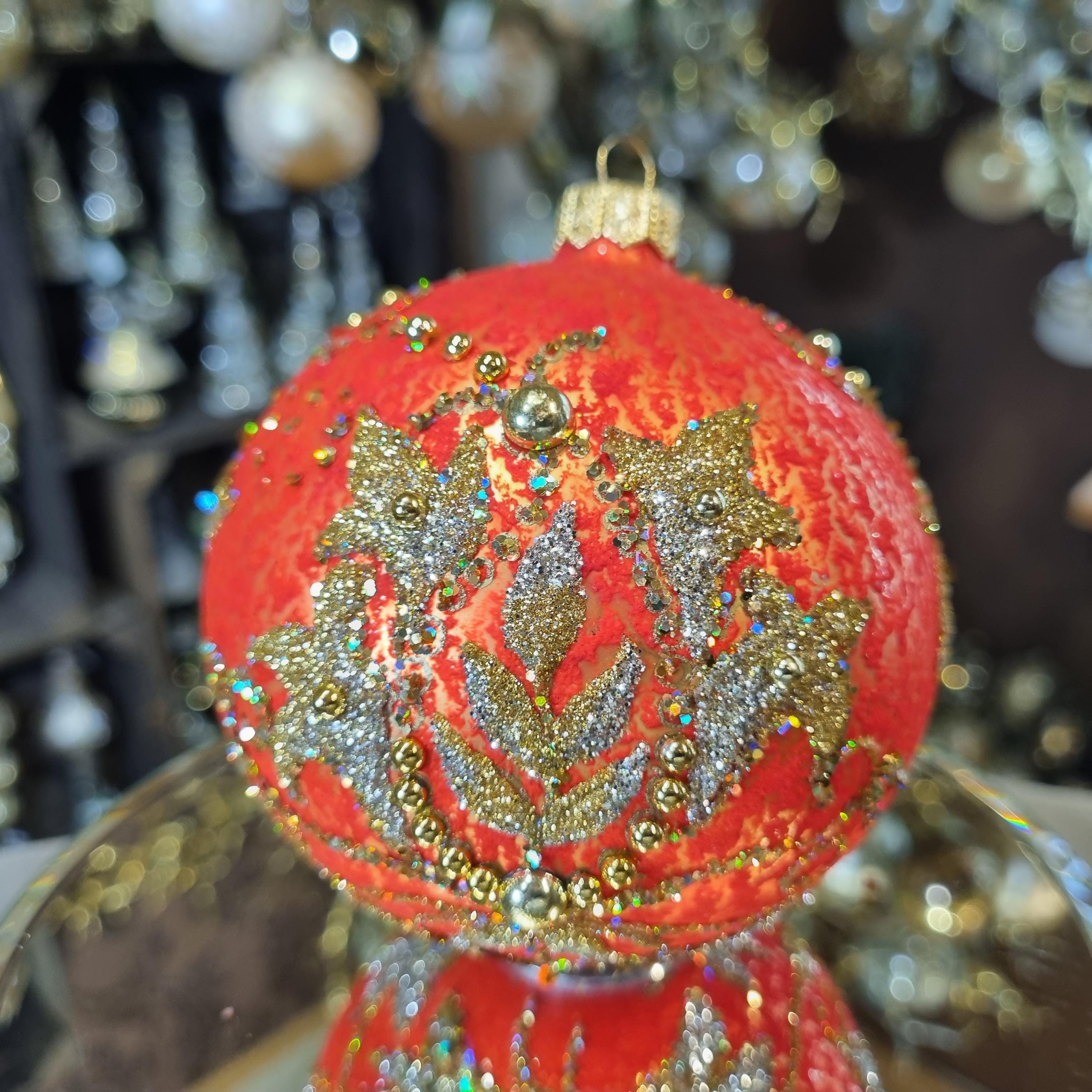Silverado ornament, glass ball with festive gold accents