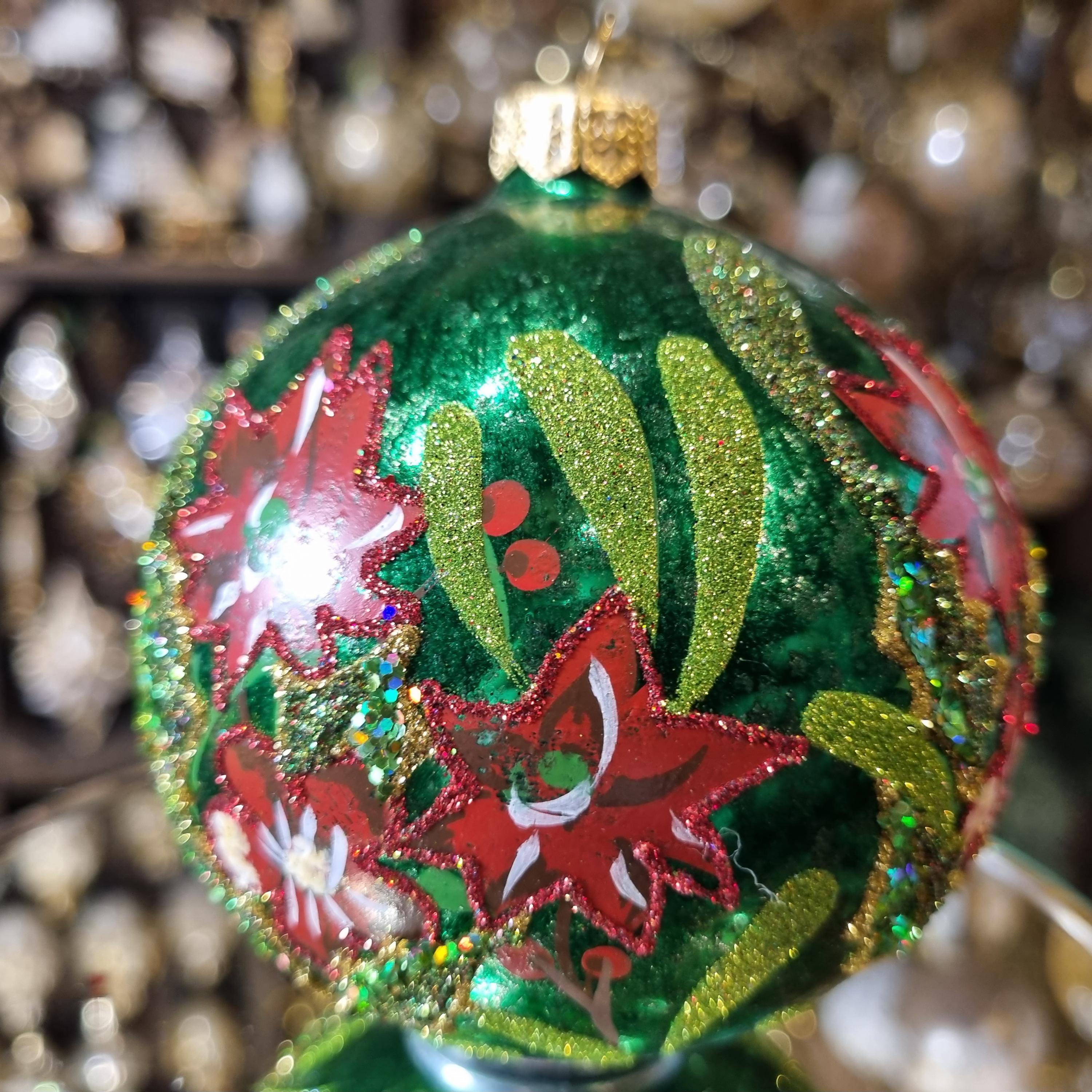 Green Christmas Ornament with Red Flowers