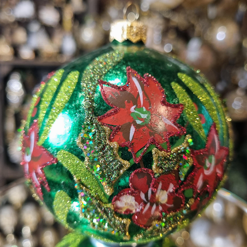 Green Christmas Ornament with Red Flowers