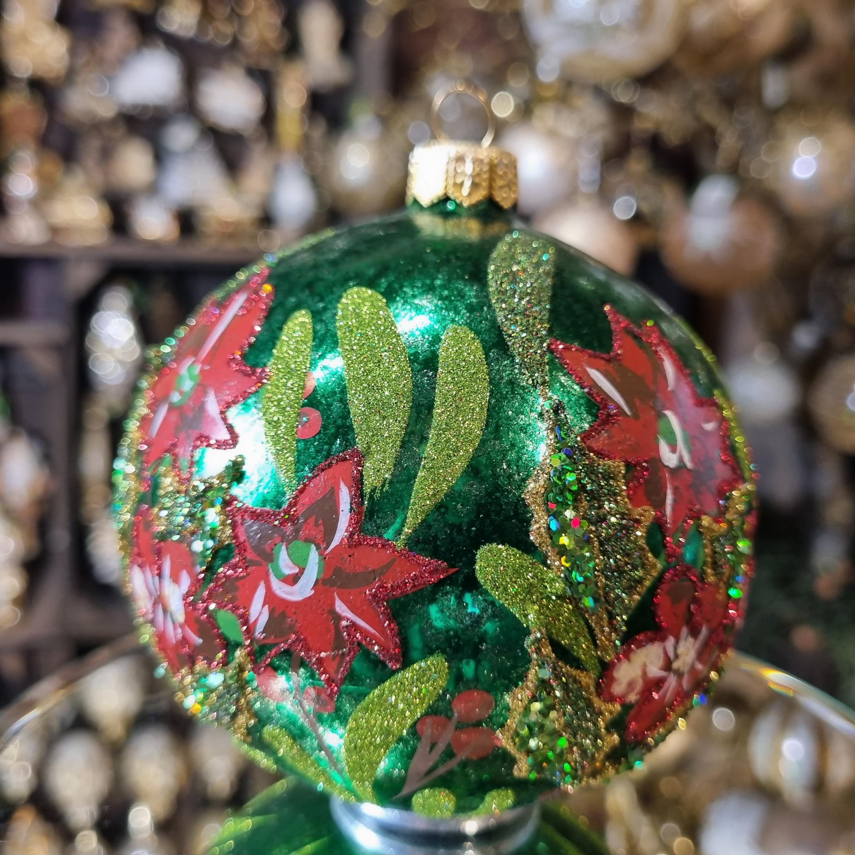 Green Christmas Ornament with Red Flowers