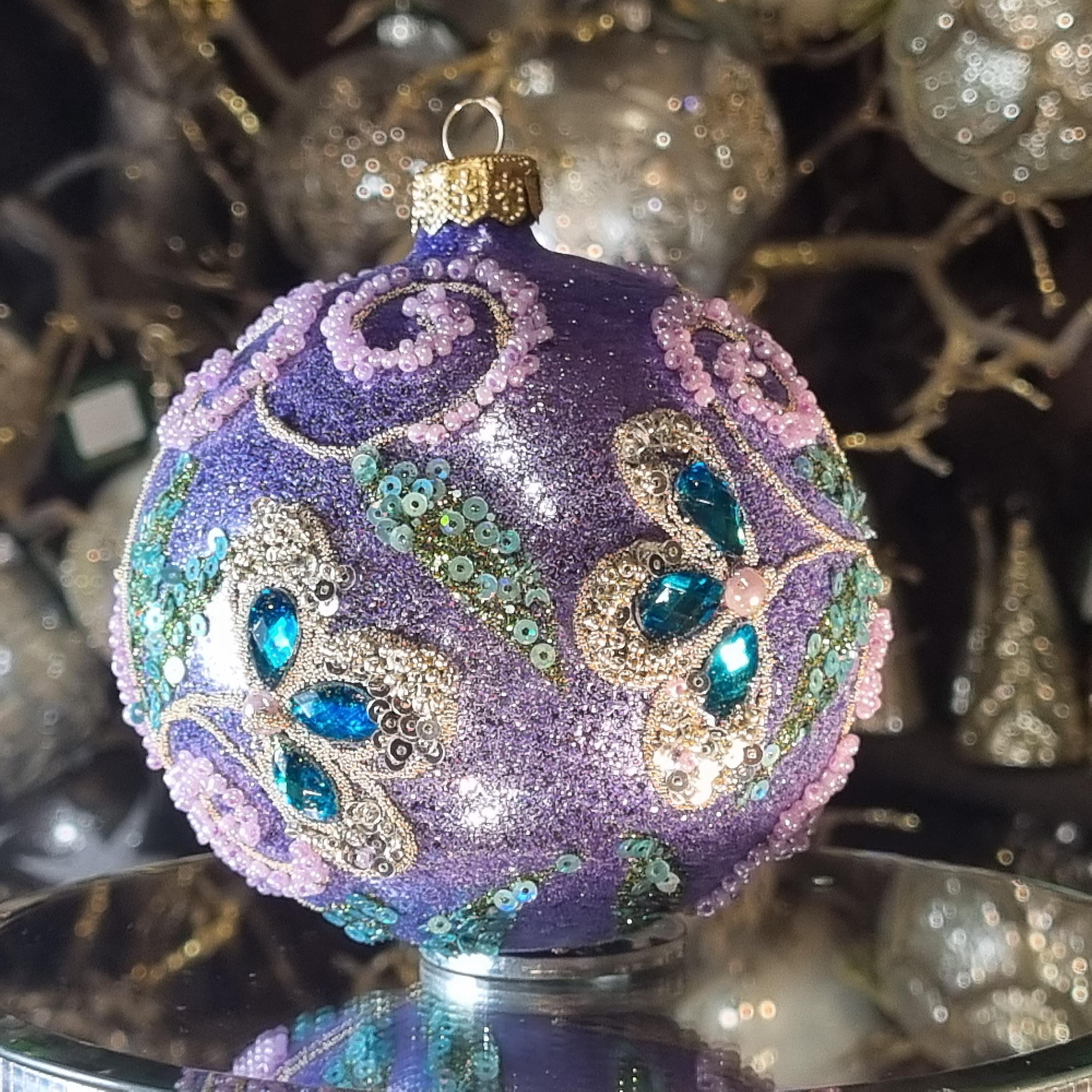 Silverado glass ornament, white ball with festive decoration