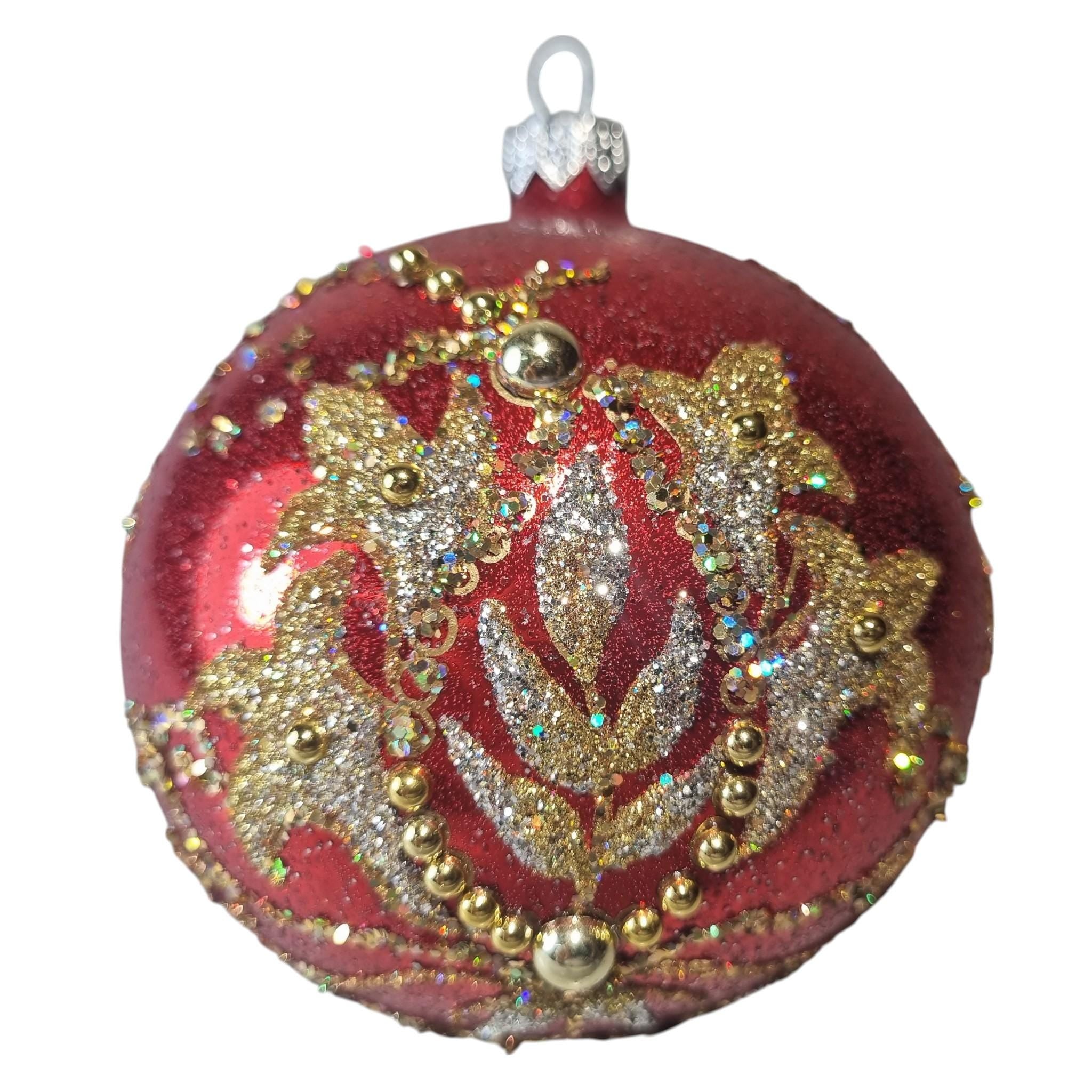 Red Christmas Ornament with Glittered Lilies