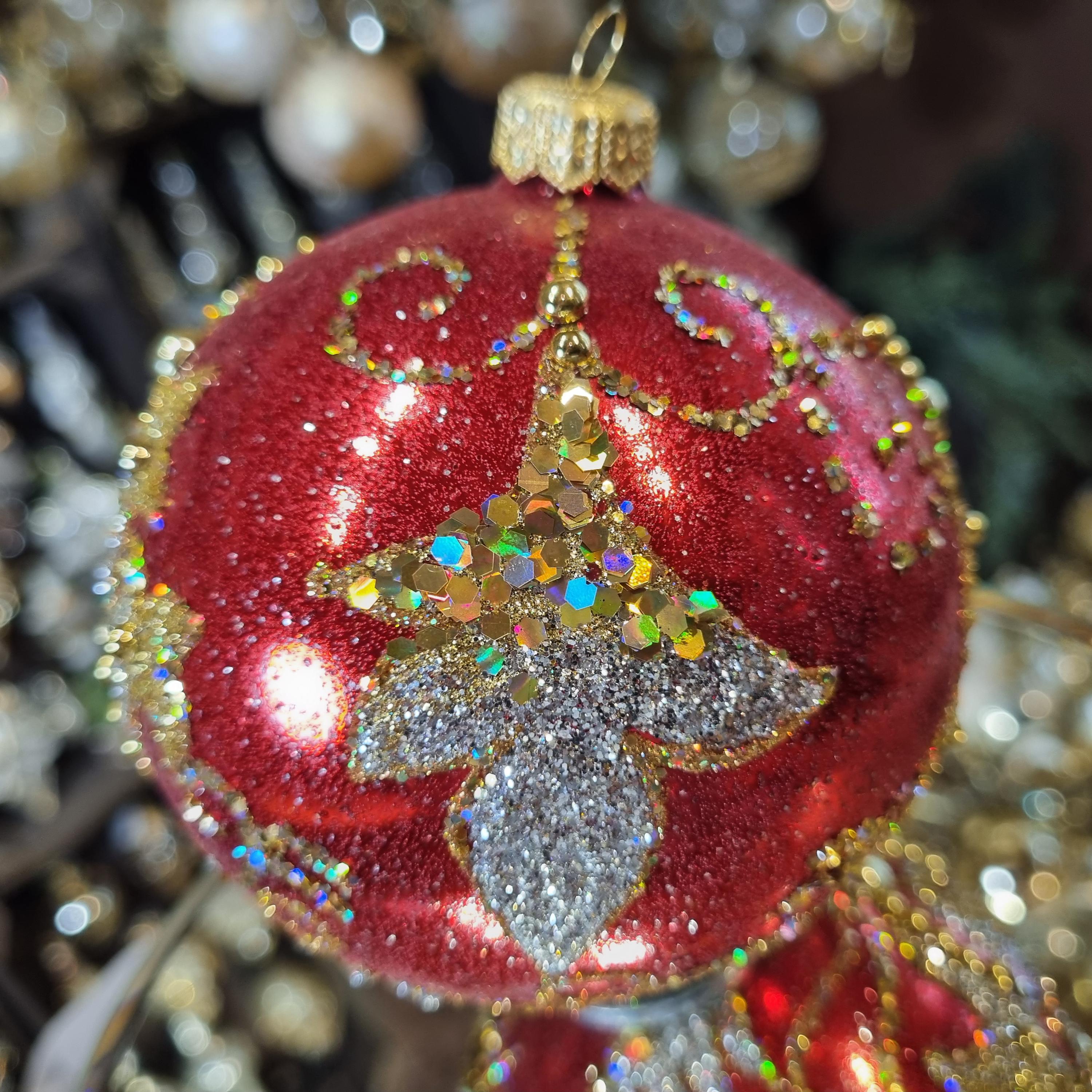 Red Christmas Ornament with Glittered Lilies