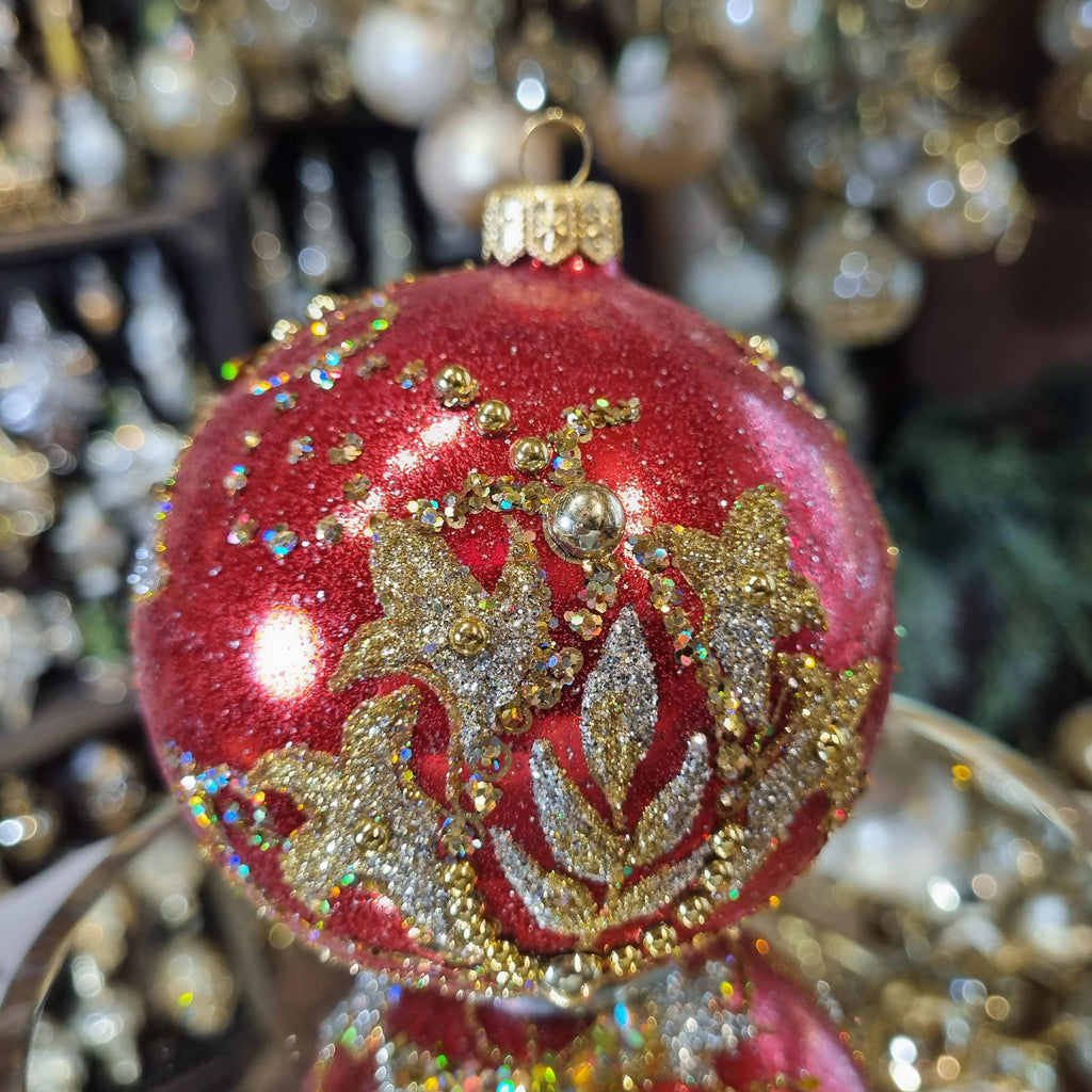 Red Christmas Ornament with Glittered Lilies