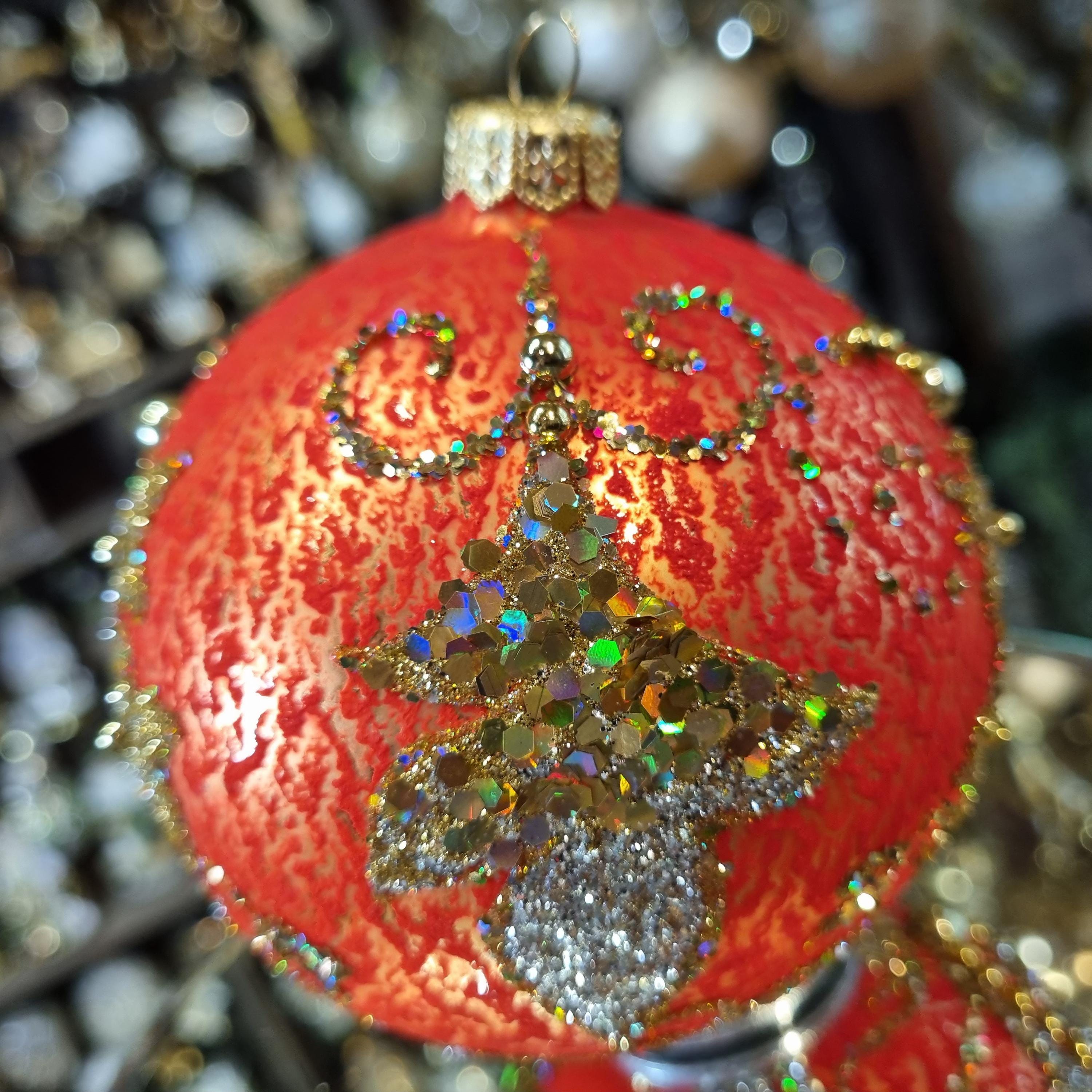 Silverado ornament, glass ball with festive gold accents