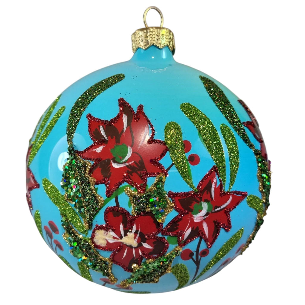 Silverado glass ornament, blue ball with classic decorative motif