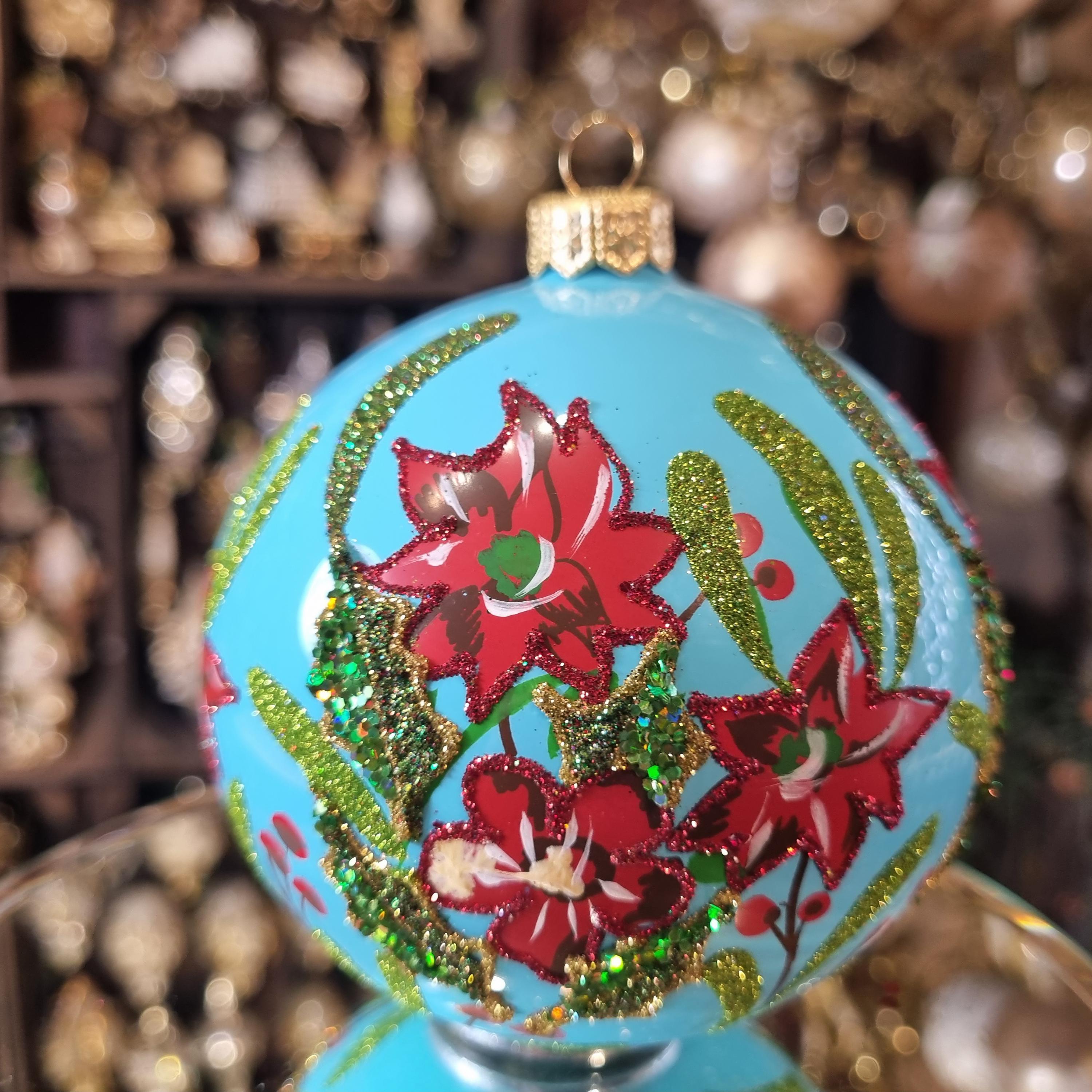 Silverado glass ornament. blue ball with classic decorative motif