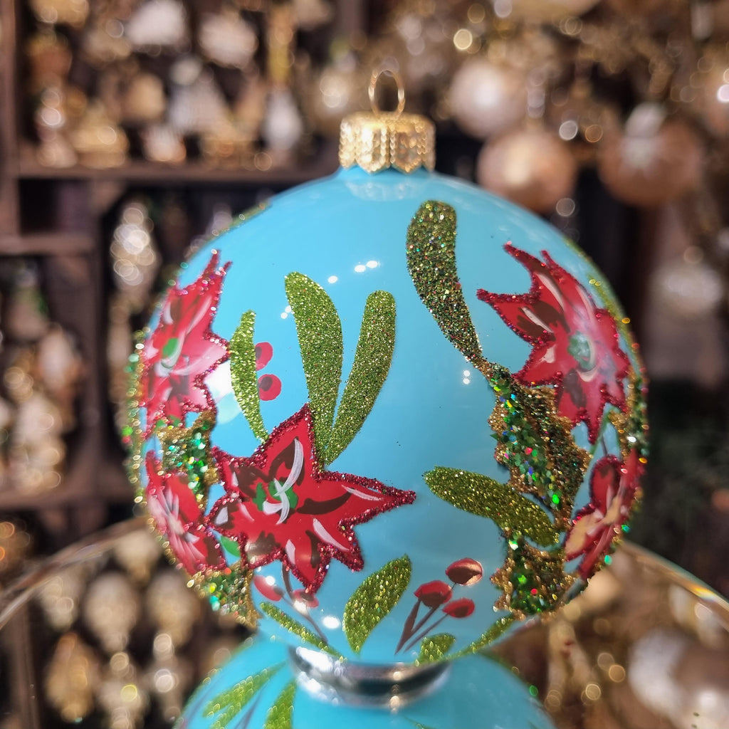 Silverado glass ornament. blue ball with classic decorative motif