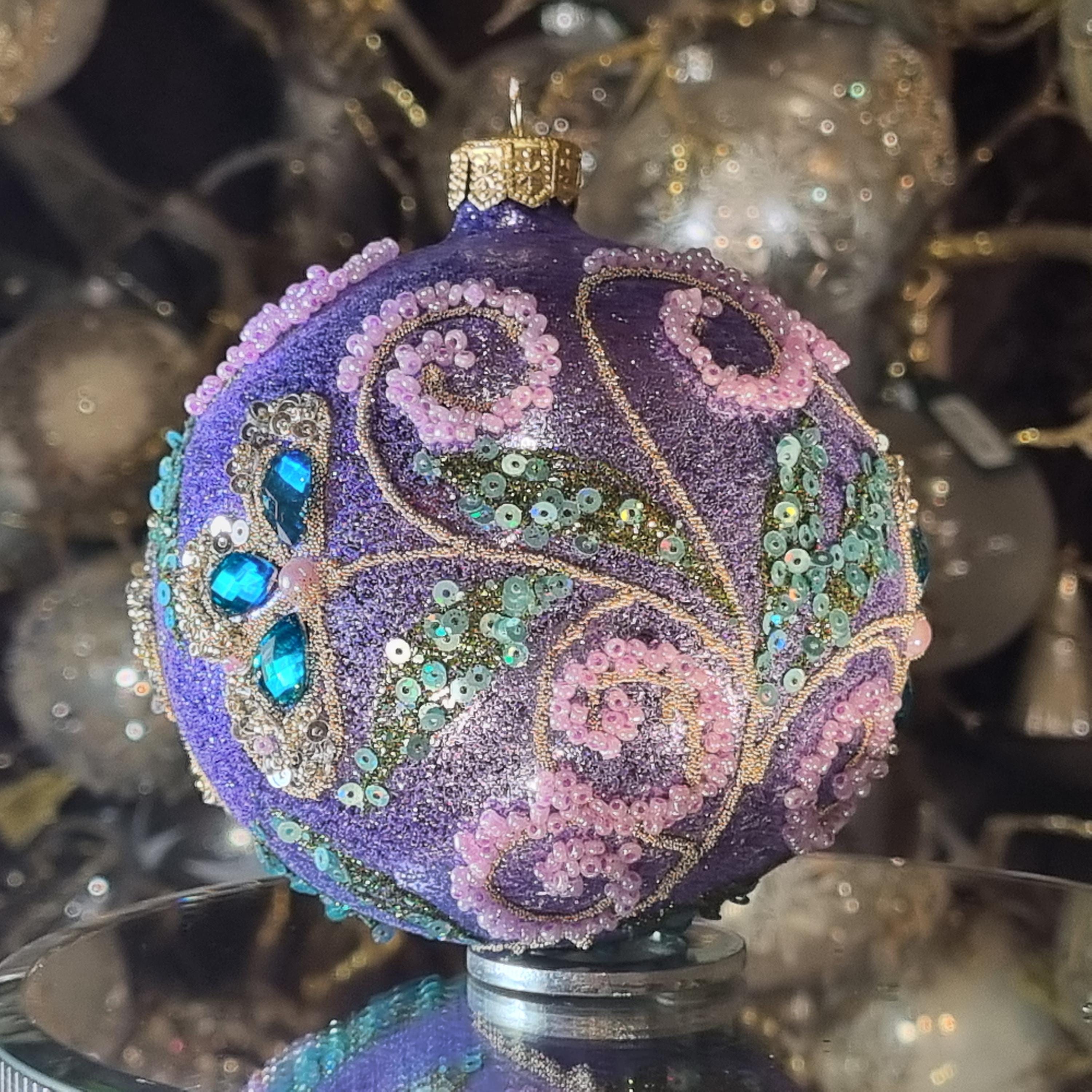 Silverado glass ornament, white ball with festive decoration