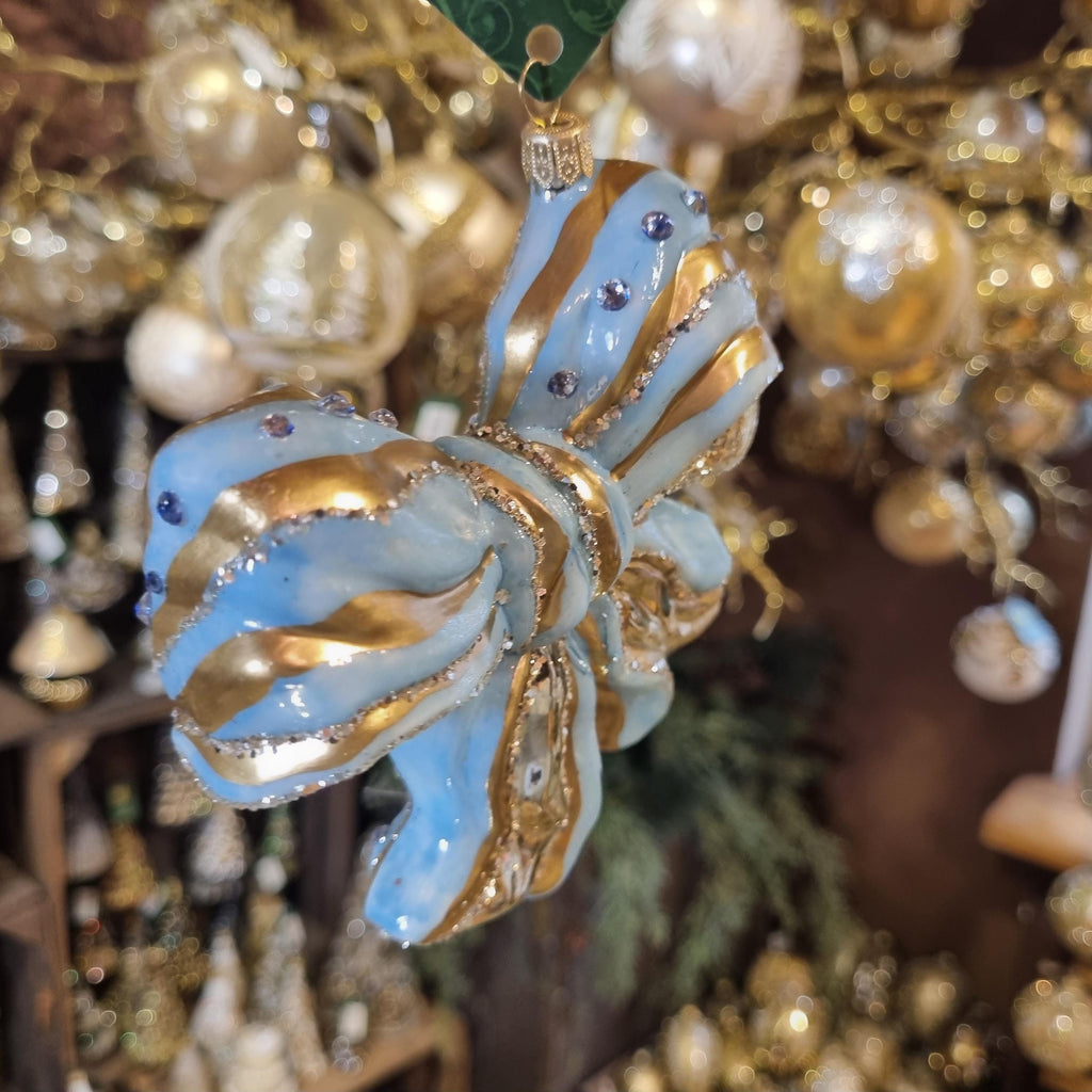 Silverado glass ornament, green ball with decorative gold pattern