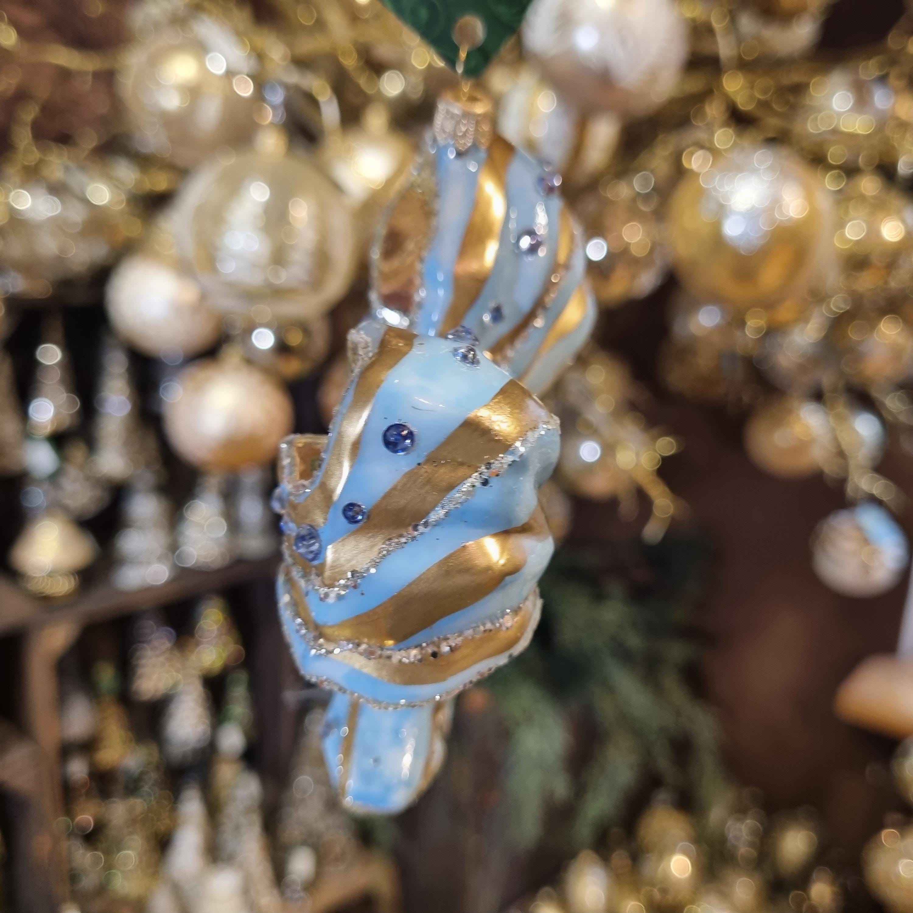 Silverado glass ornament, green ball with decorative gold pattern