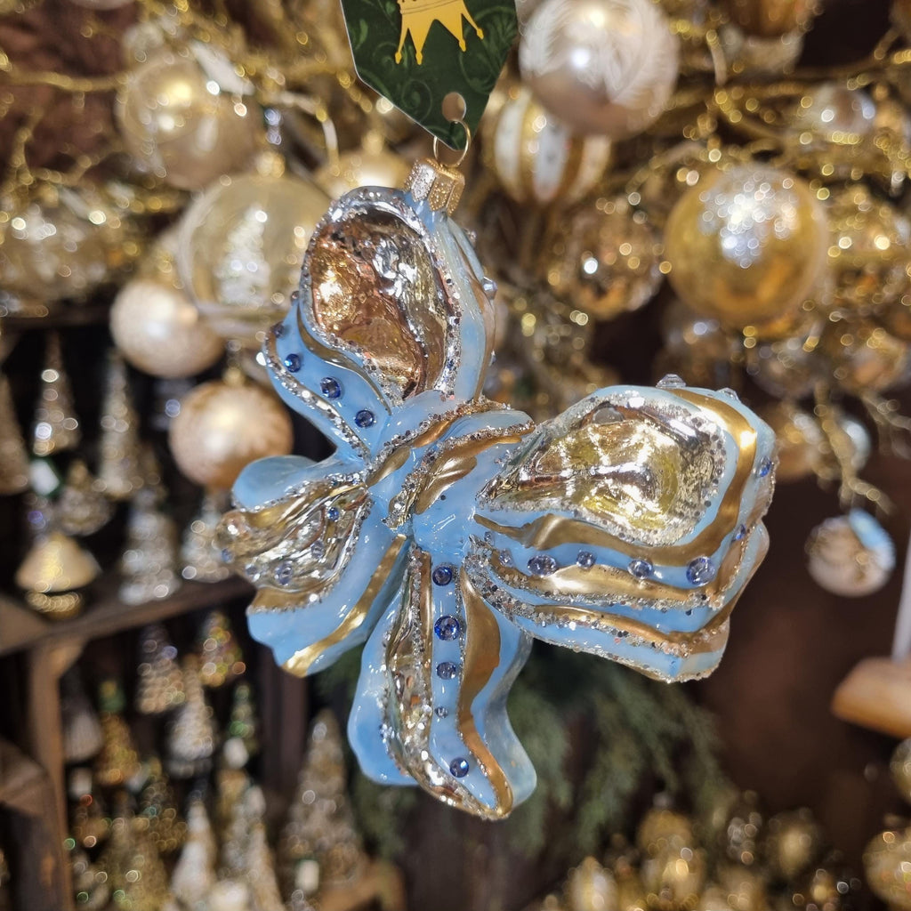 Silverado glass ornament, green ball with decorative gold pattern