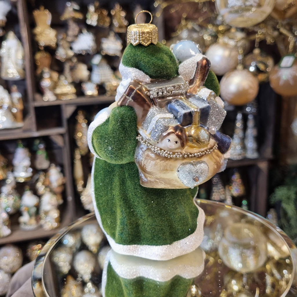 Santa Ornament with Green Coat and Lantern