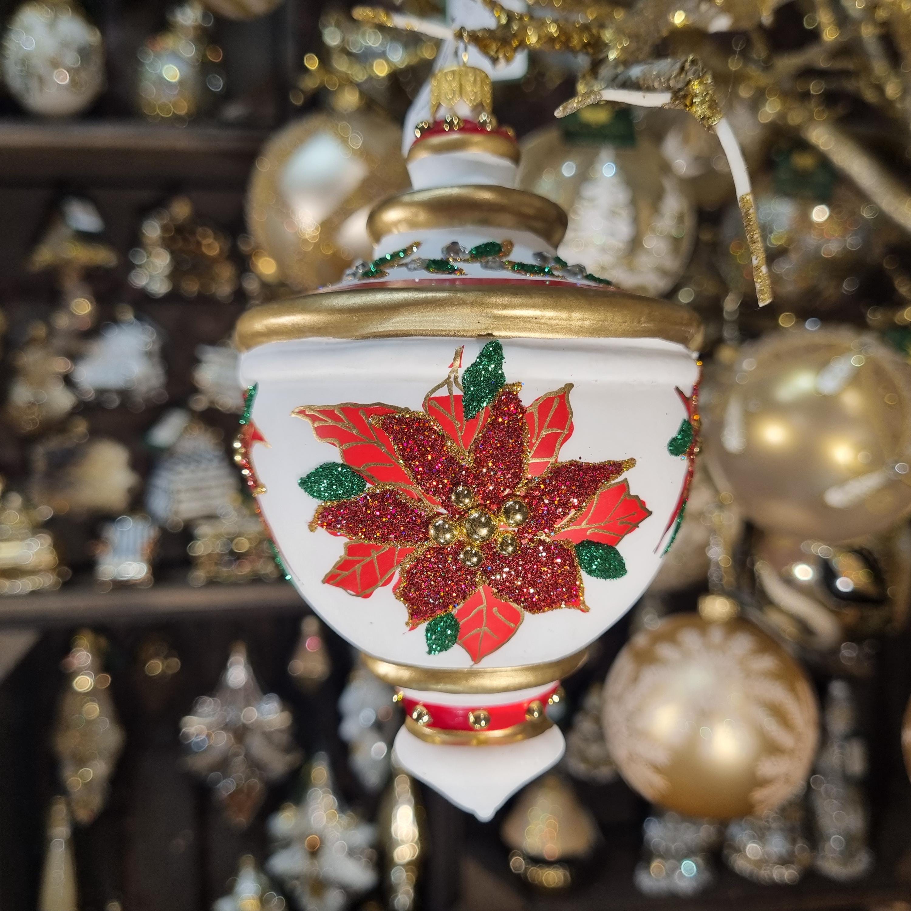 Silverado glass ornament, red ball with elegant festive accents