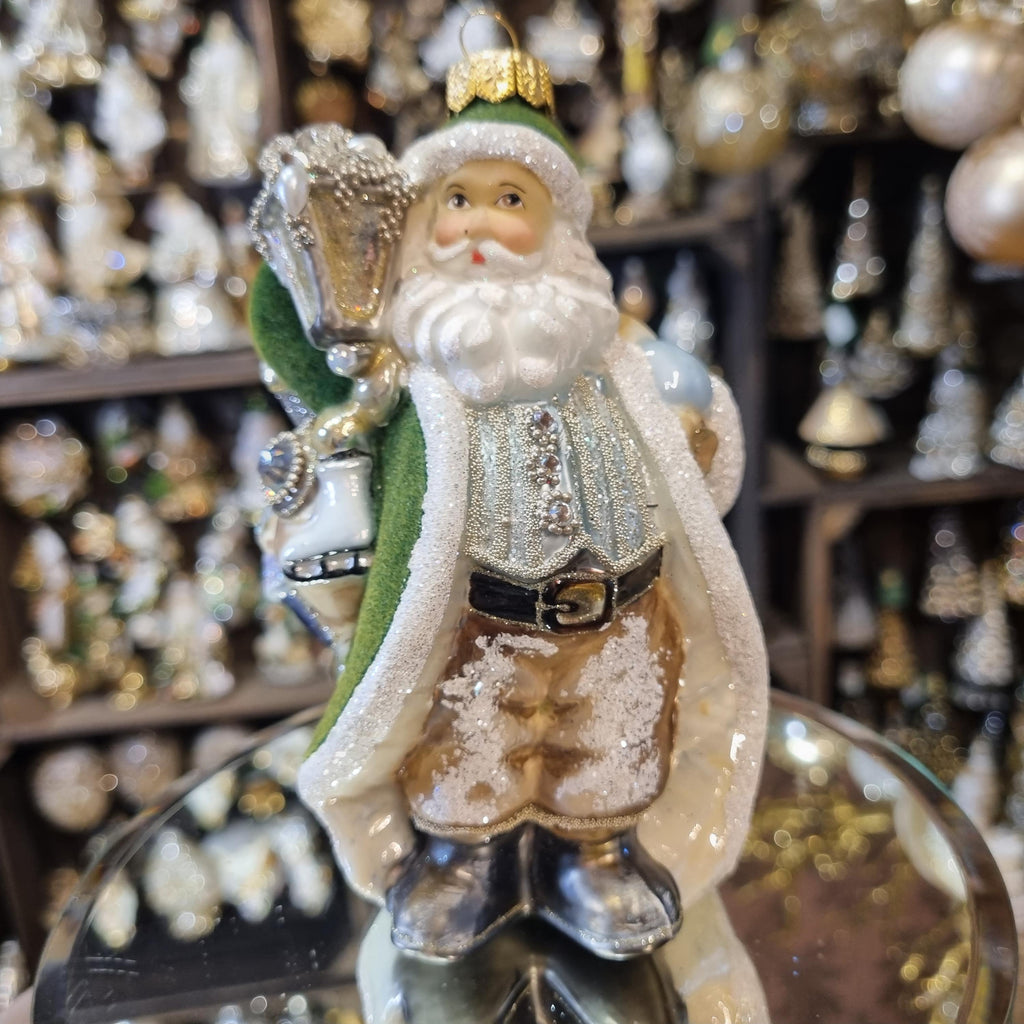 Santa Ornament with Green Coat and Lantern