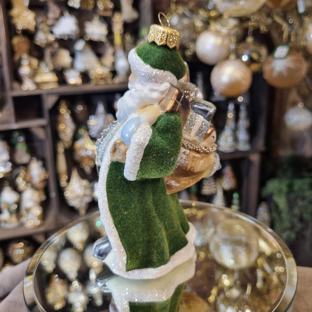 Santa Ornament with Green Coat and Lantern