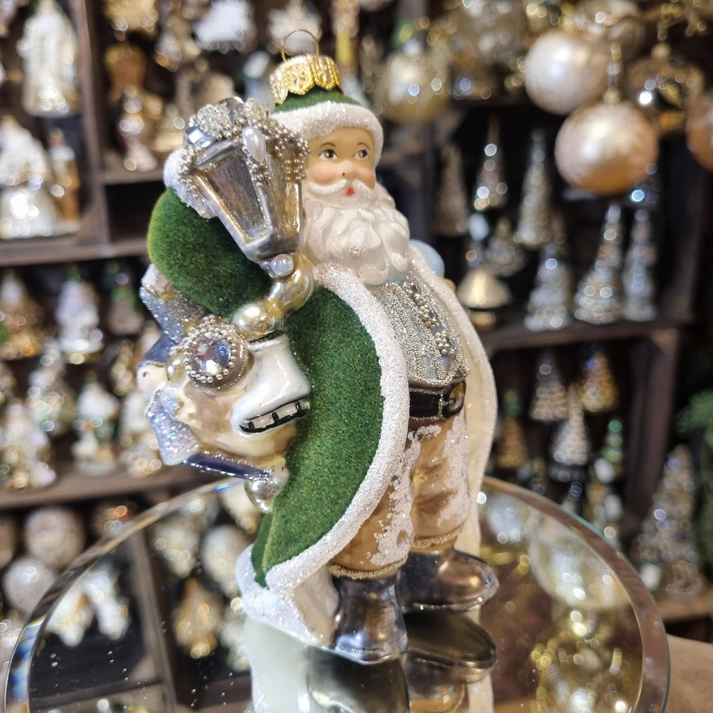 Santa Ornament with Green Coat and Lantern