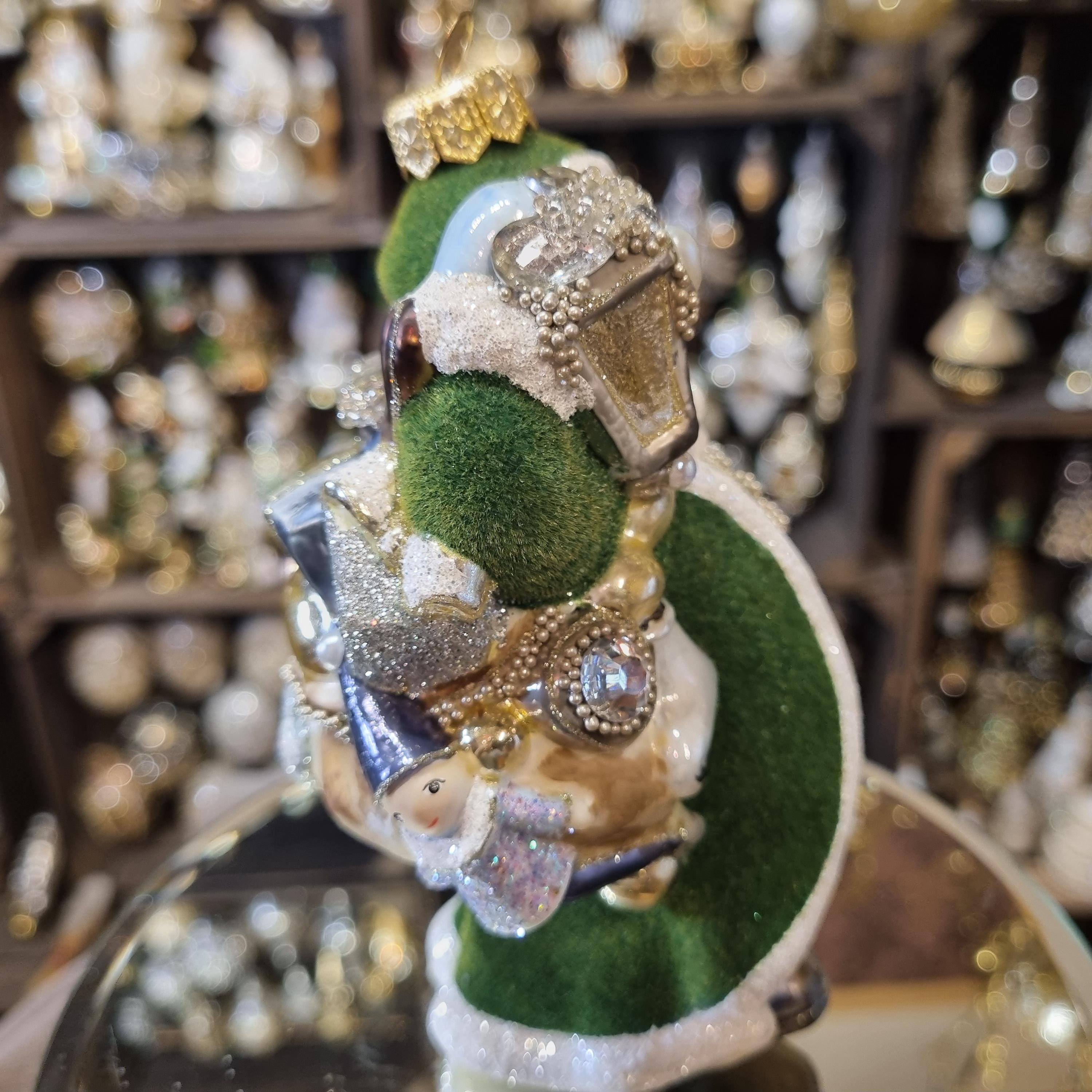 Santa Ornament with Green Coat and Lantern