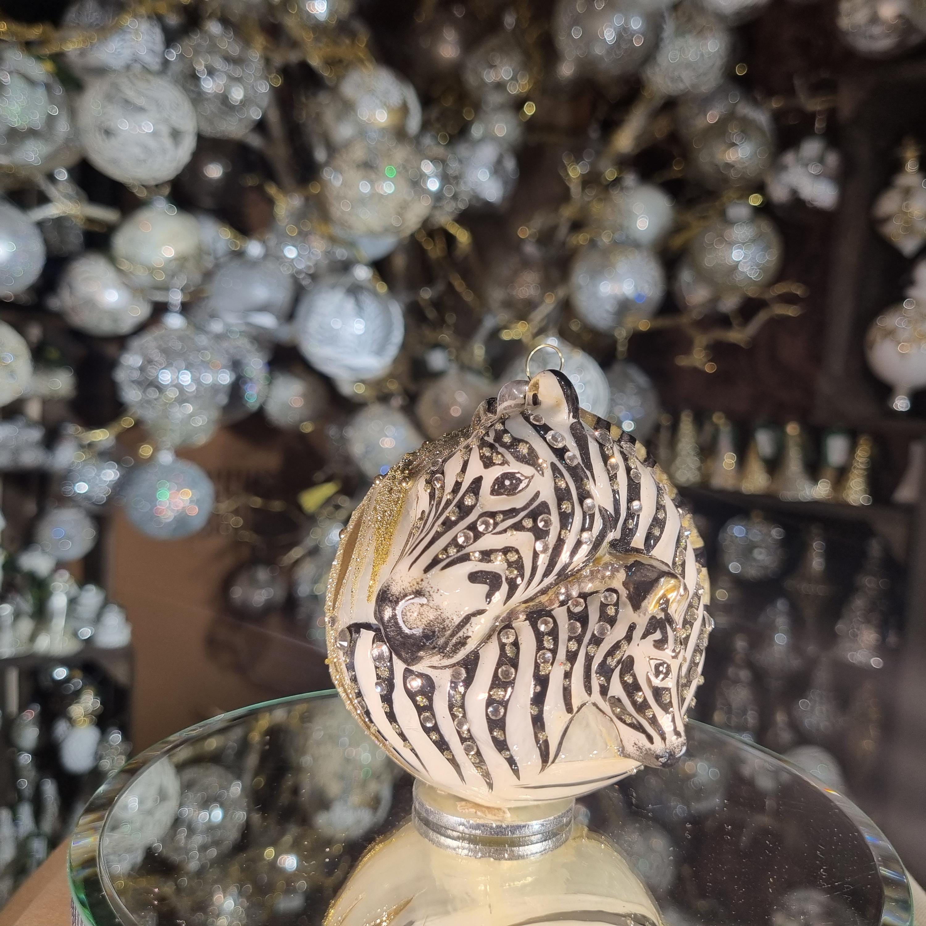 Hand-Painted Glass Zebra Ornament with Crystals