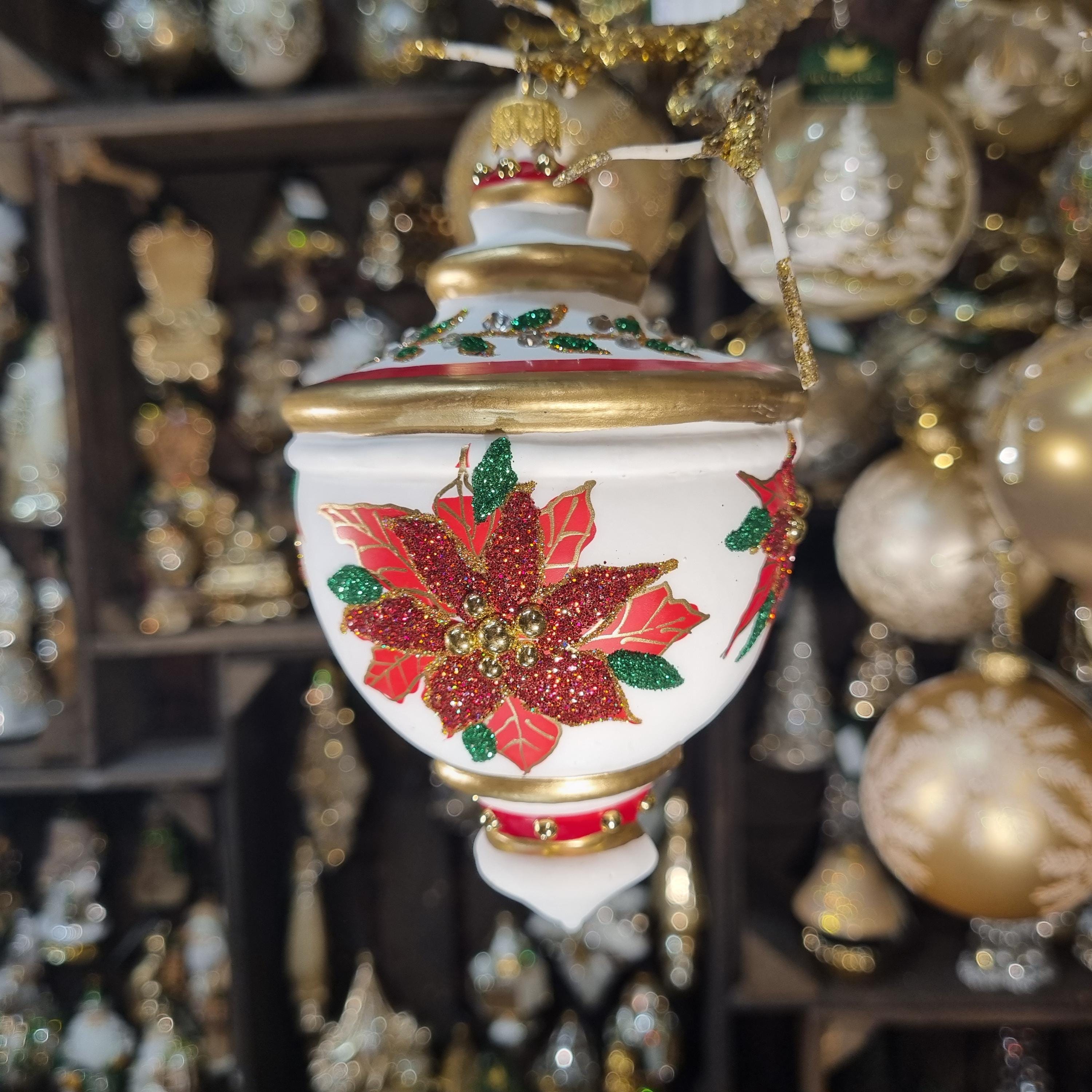 Silverado glass ornament, red ball with elegant festive accents
