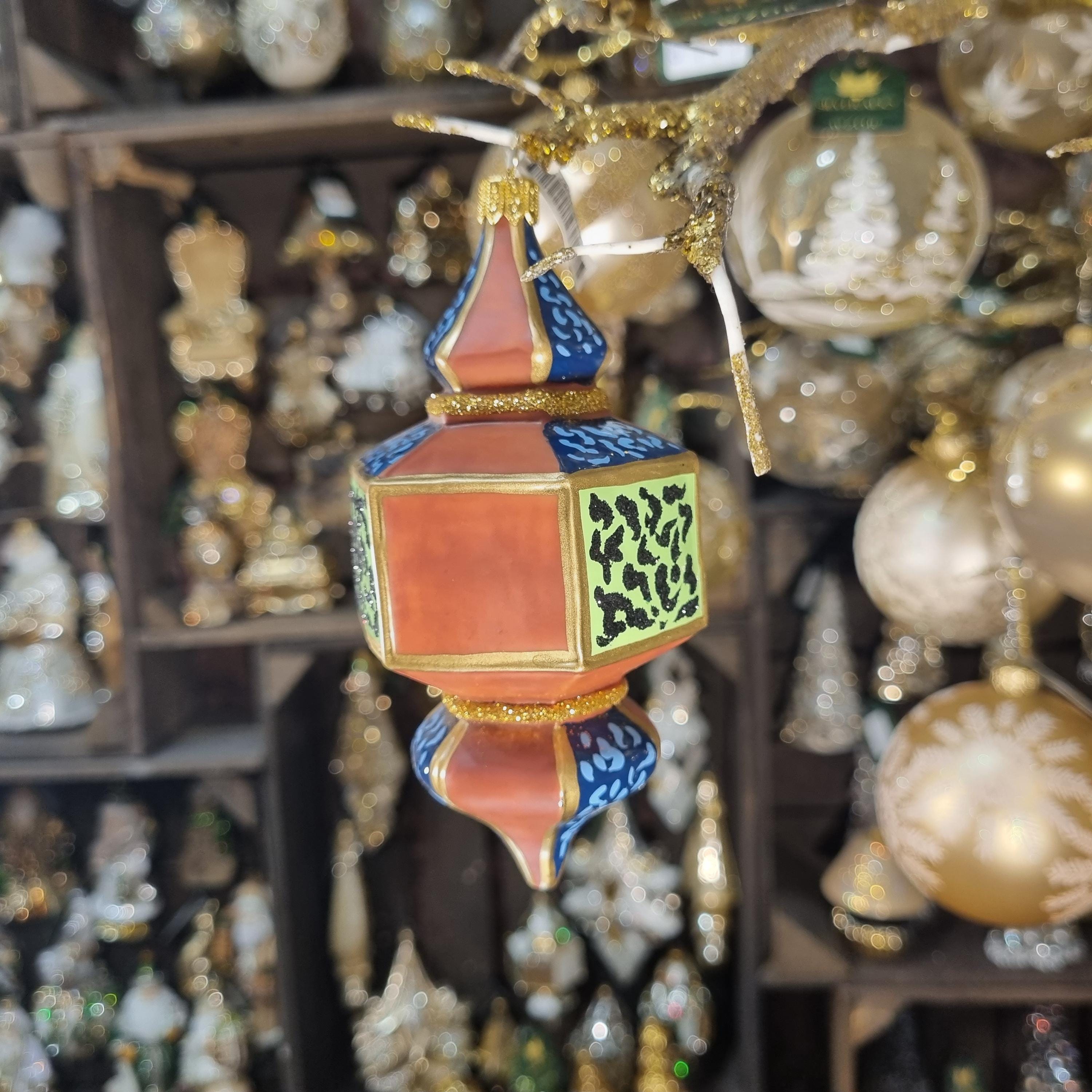 Silverado glass ornament, green ball with classic decoration