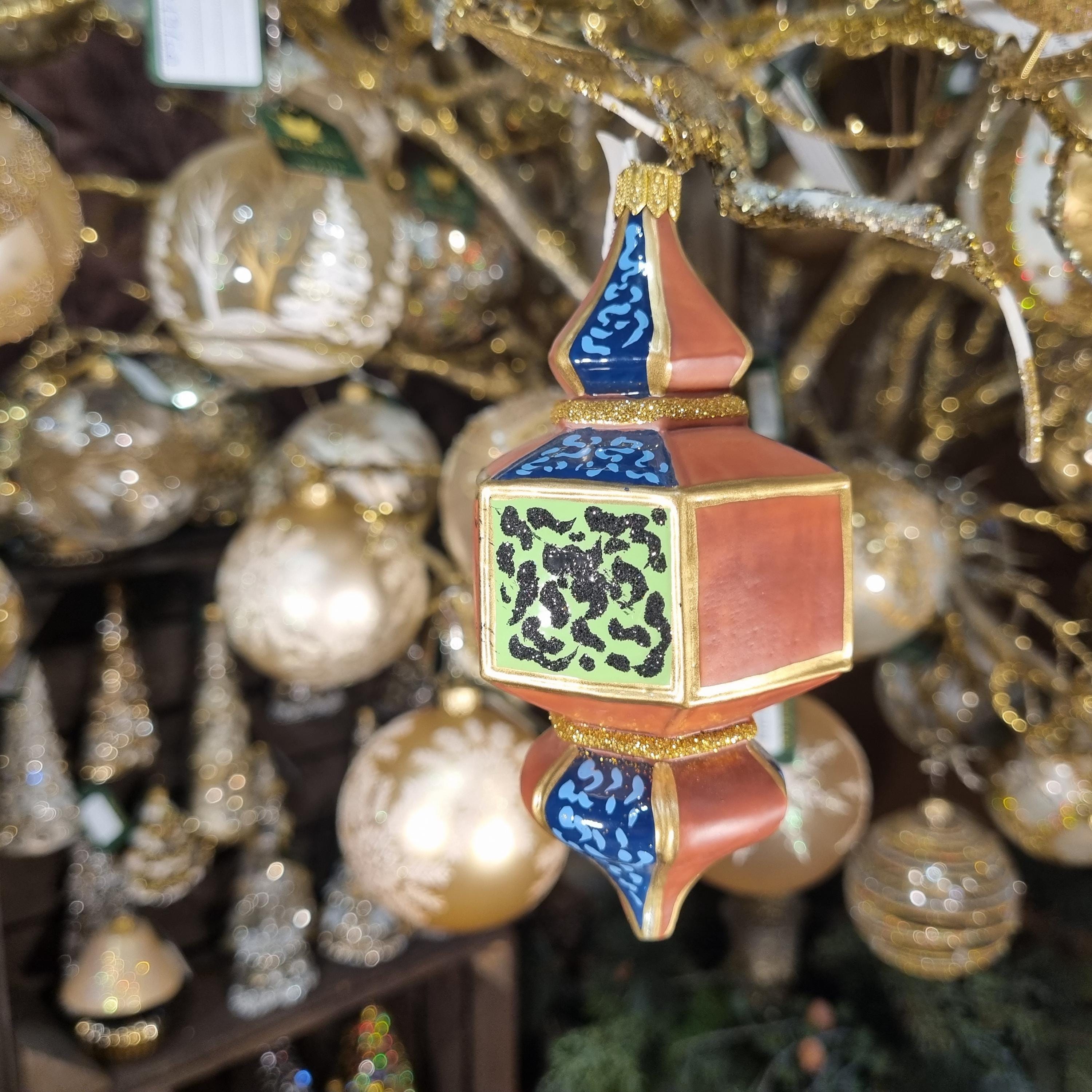 Silverado glass ornament, green ball with classic decoration